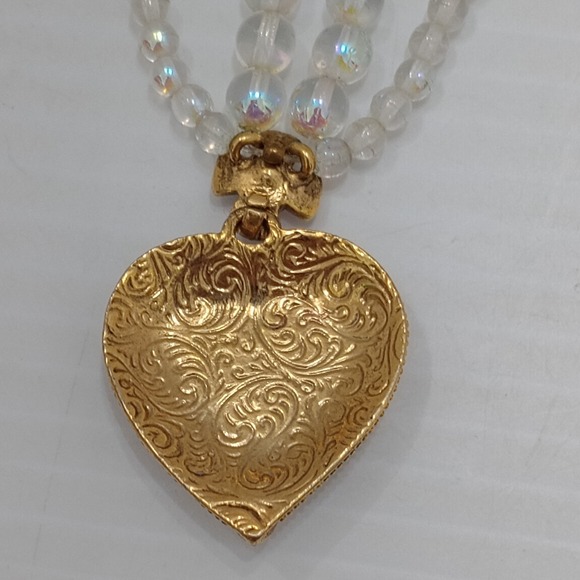 1928 Jewelry Co Fancy Double Strand AB Bead Heart Pendant Gold Tone Necklace 18" - Picture 9 of 11